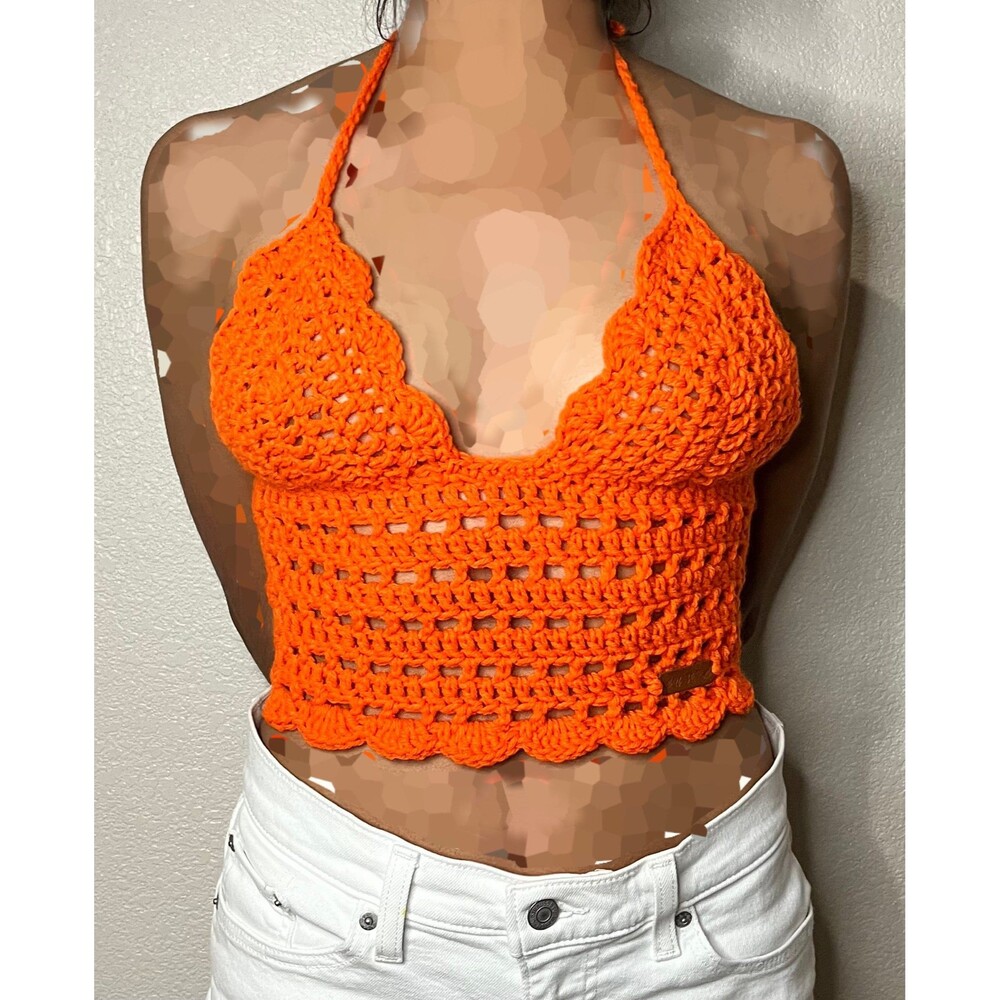 Handmade Crochet Orange Crop Top,asthetic,coachella,backless,Boho,Gig,concert